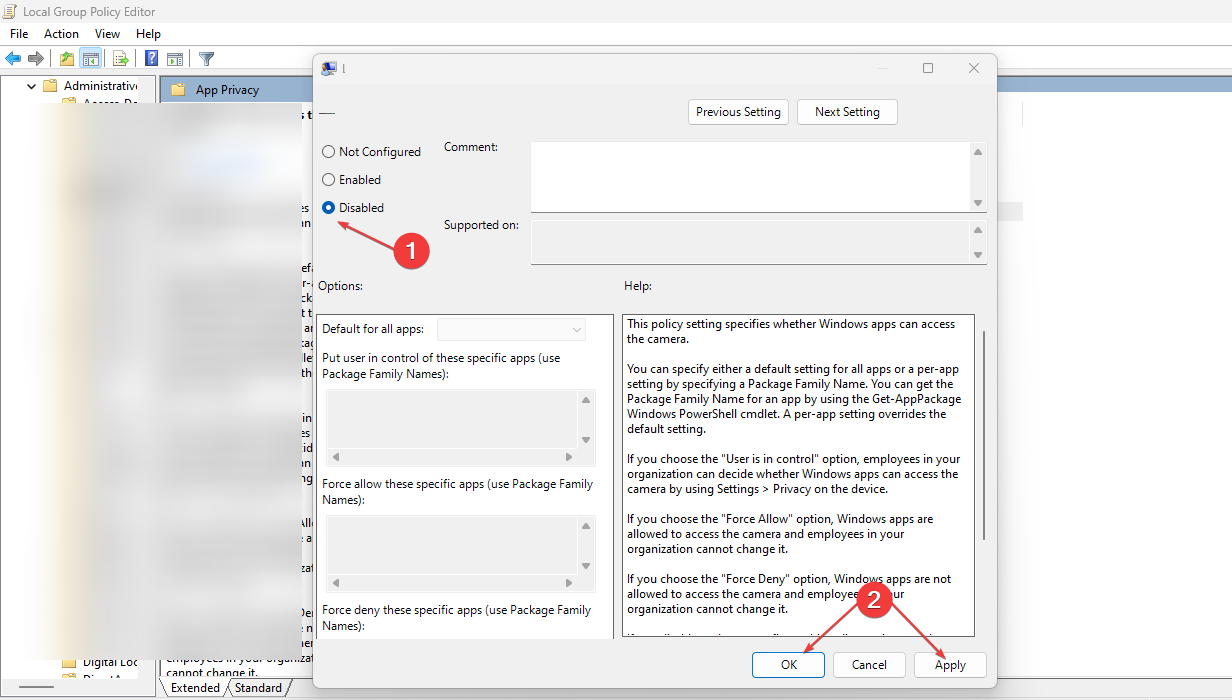Установка 'Отключить' для политики рекламного идентификатора