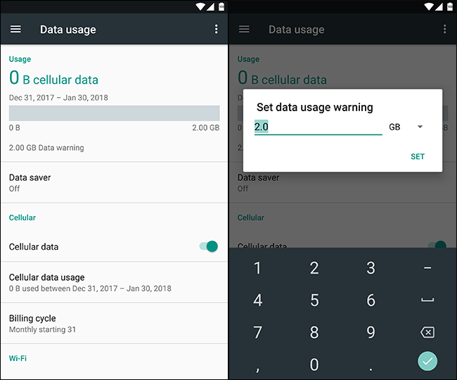 Настройки использования данных в Android, график и лимит