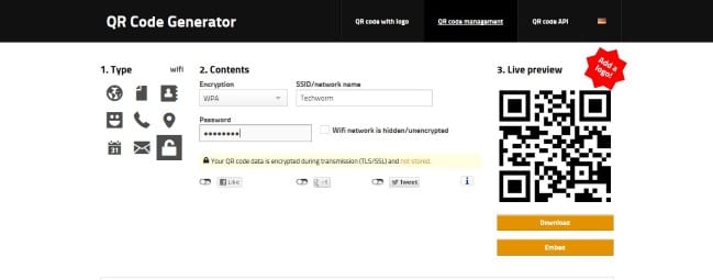 Форма «Wi‑Fi» с полями SSID, тип шифрования и пароль на генераторе