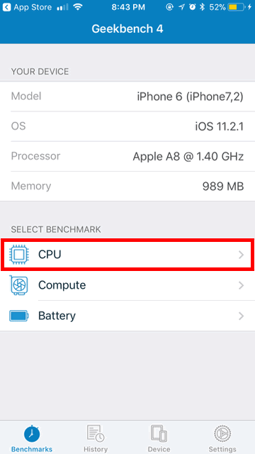 Экран выбора CPU в приложении Geekbench на iPhone