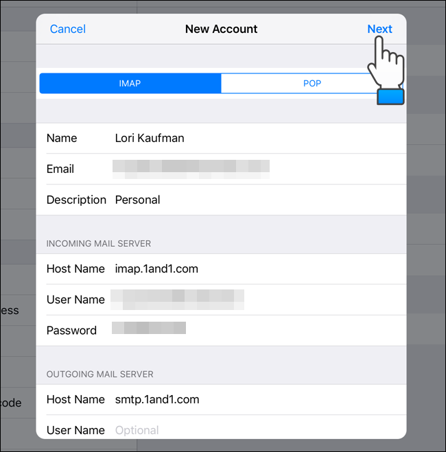 Ввод данных IMAP/POP и SMTP