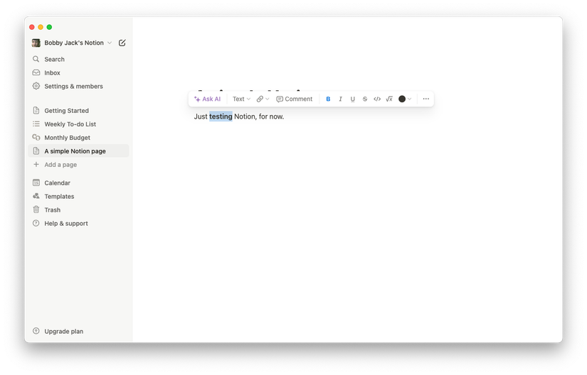 Панель форматирования в тексте Notion