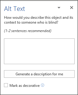 Панель «Текст описания» справа: можно ввести свой текст, сгенерировать описание или отметить как декоративное