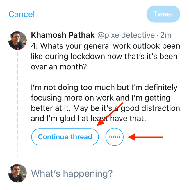 Нажмите Продолжить тред или используйте меню для выбора твита