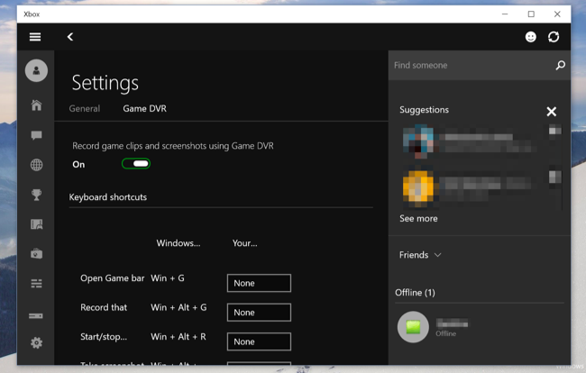 Параметры Game DVR в приложении Xbox