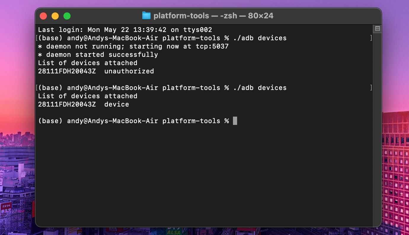 Результат команды adb devices