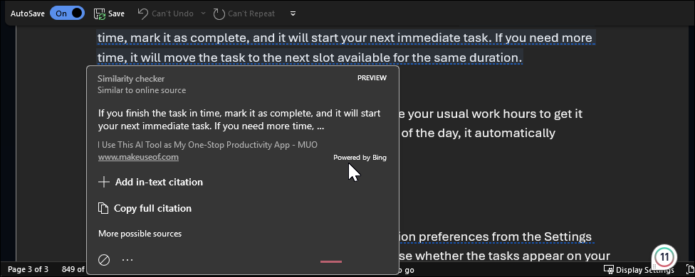 Скриншот Microsoft Editor с выделенным фрагментом текста в Word на Windows 11.