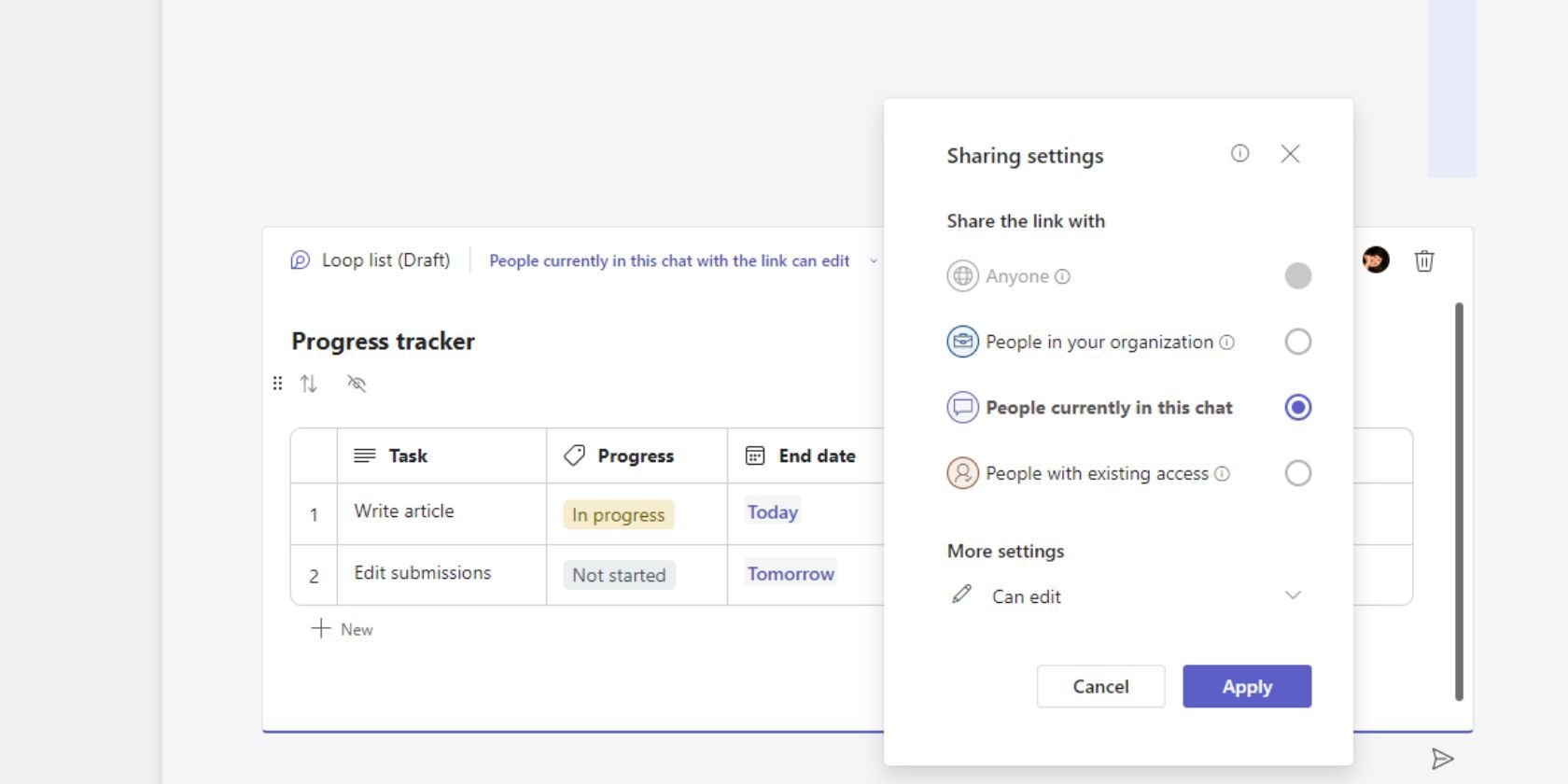 Скриншот Microsoft Teams: окно управления доступом и правами Loop-компонента