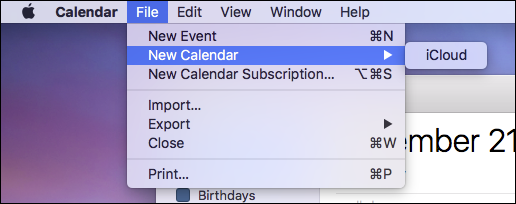 Скриншот: меню создания нового календаря в macOS