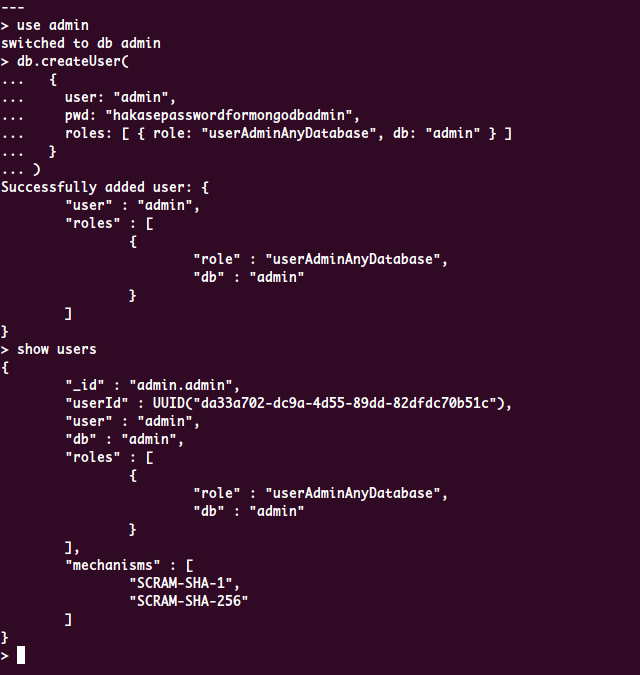 Создание пользователя admin в MongoDB