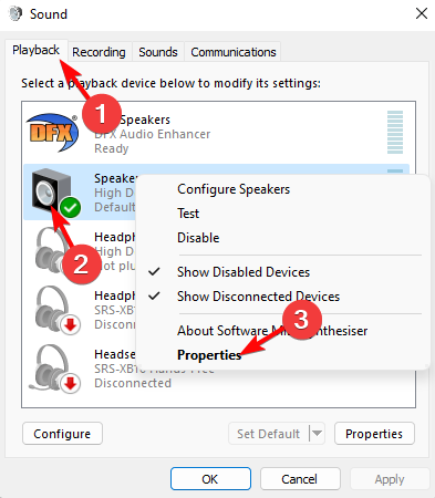 Выбор устройства воспроизведения и открытие свойств