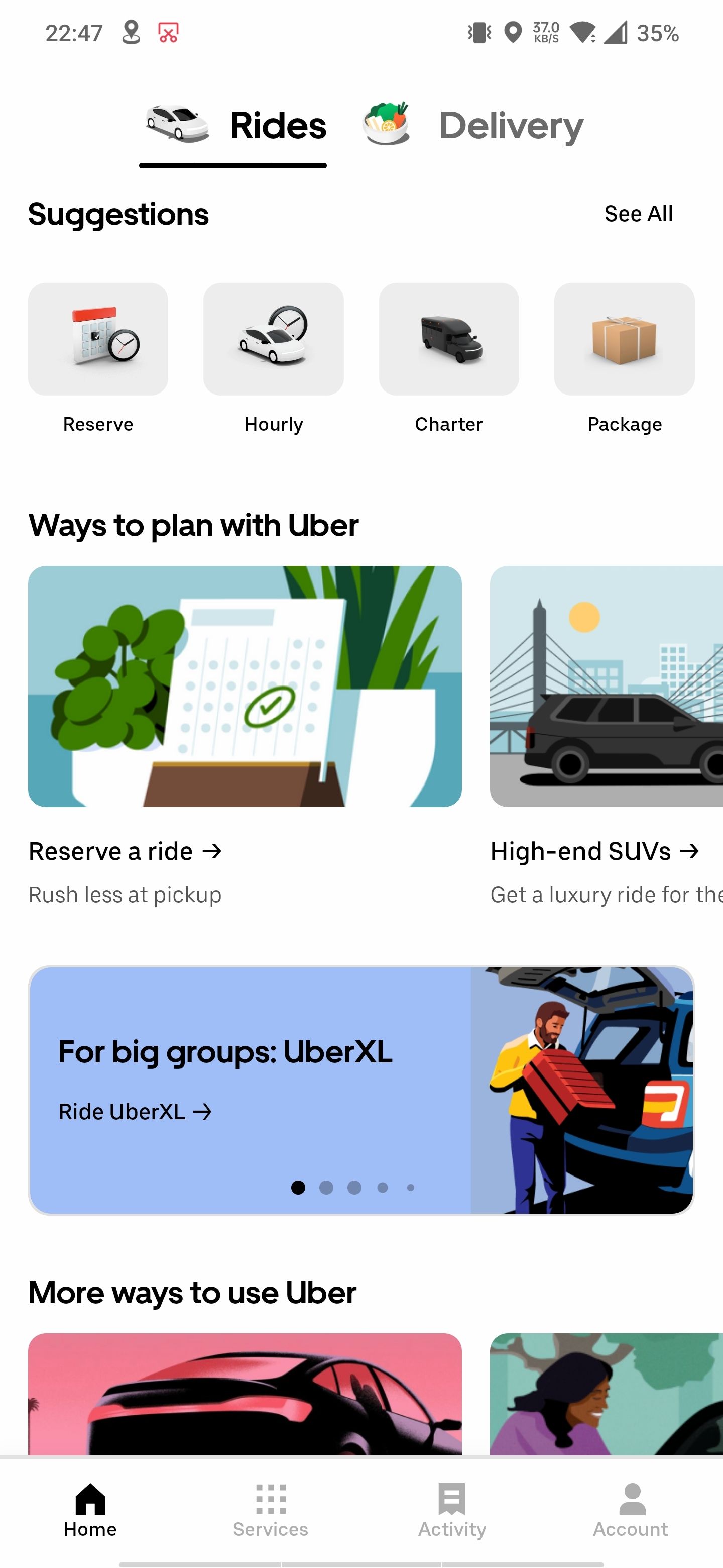 Вкладка Home в приложении Uber