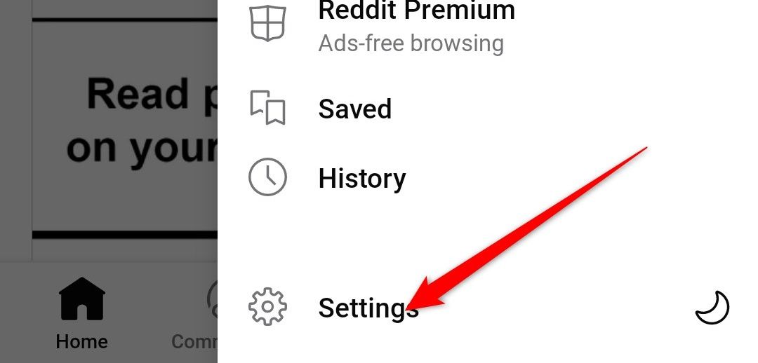 Меню настроек в приложении Reddit