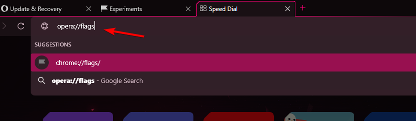 Адресная строка с opera://flags