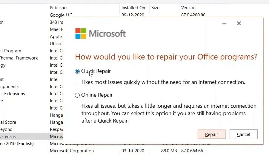 Opción Reparación rápida para Microsoft Office