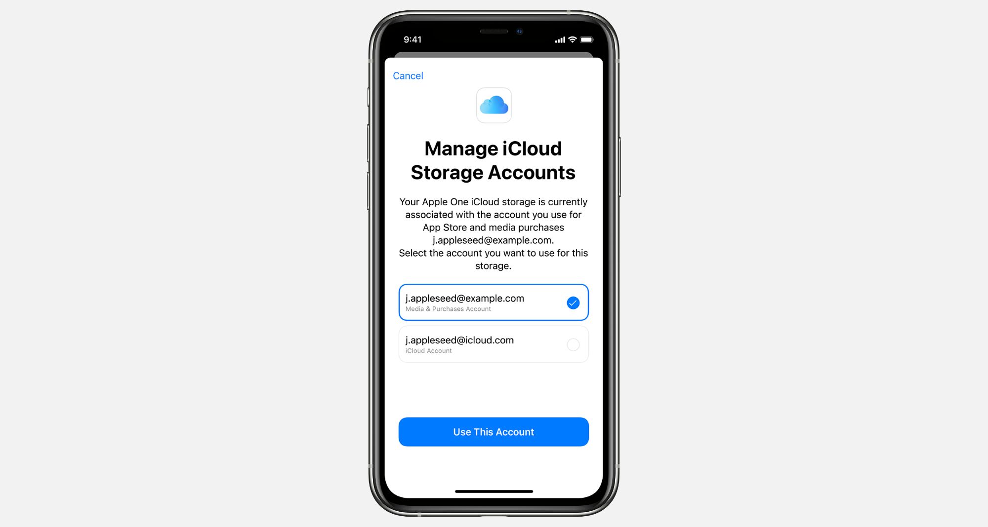 Use This Account option in iPhone Apple One iCloud settings