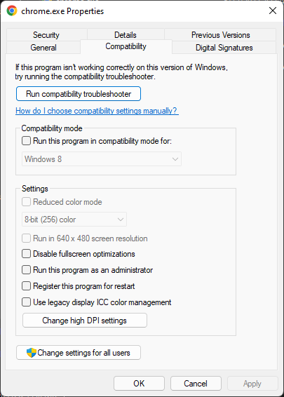 Вкладка 'Совместимость' в свойствах ярлыка Chrome