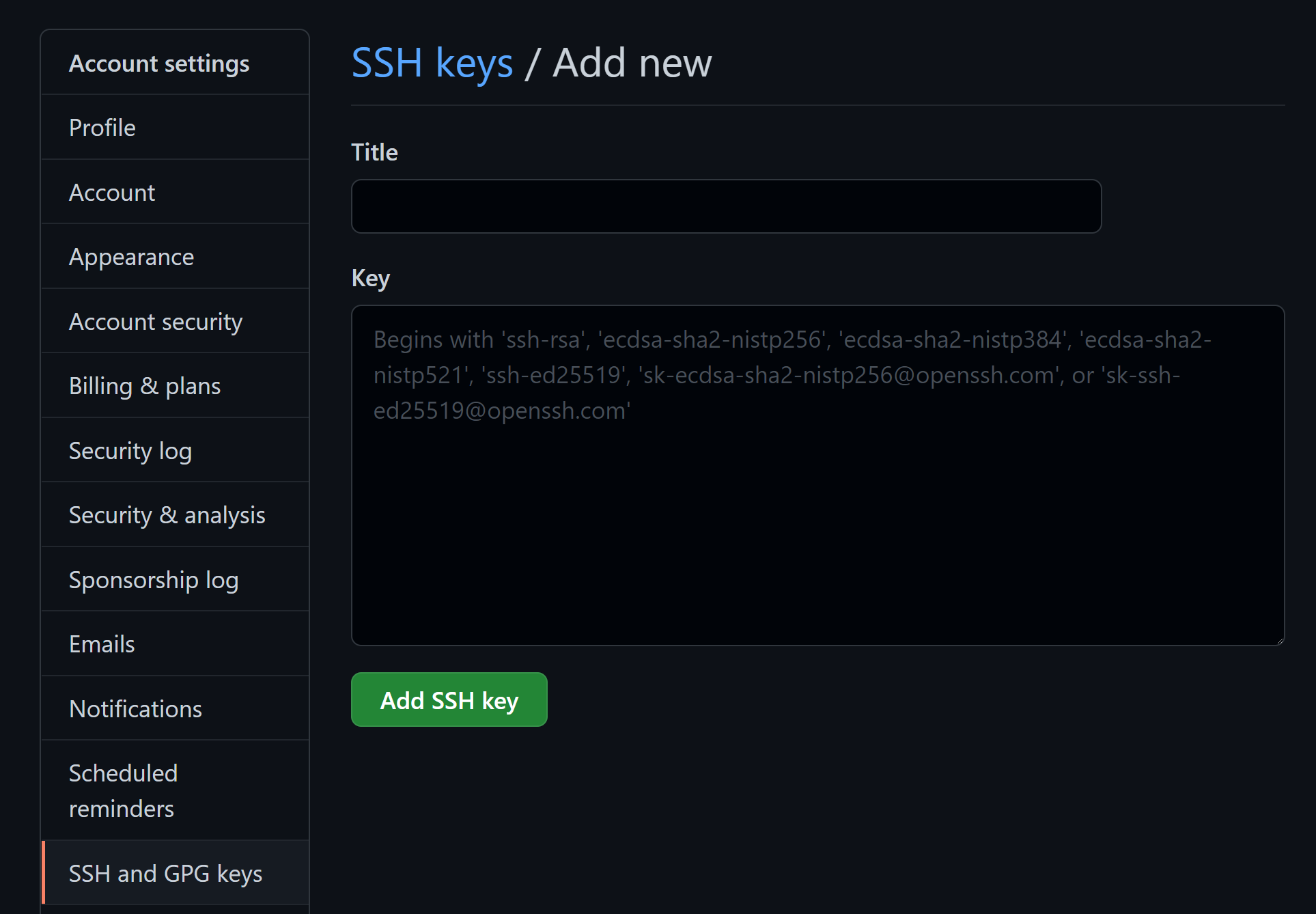 Скриншот страницы настроек SSH и GPG ключей на GitHub