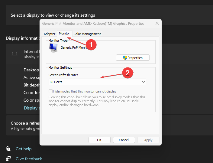 Вкладка Монитор со списком доступных частот обновления