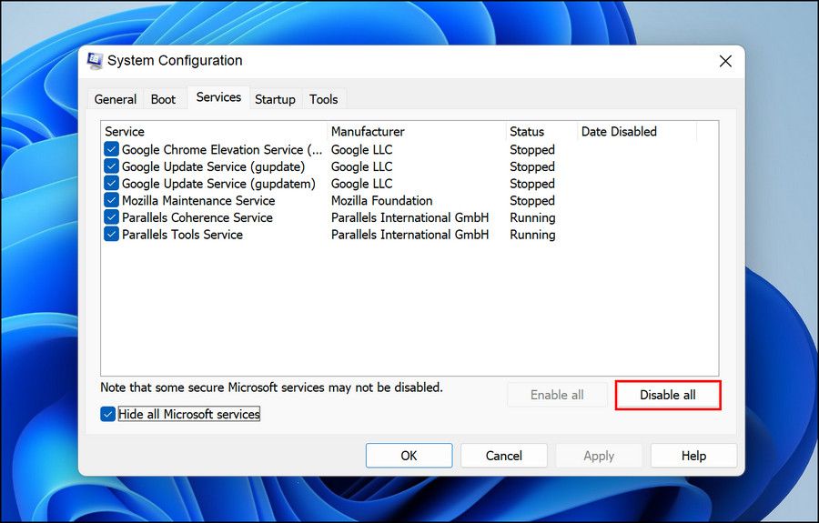 кнопка 'Отключить все' в конфигурации системы