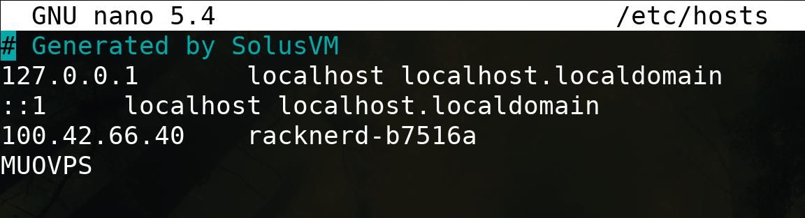 Изменённый /etc/hosts в nano с новой записью MUOVPS