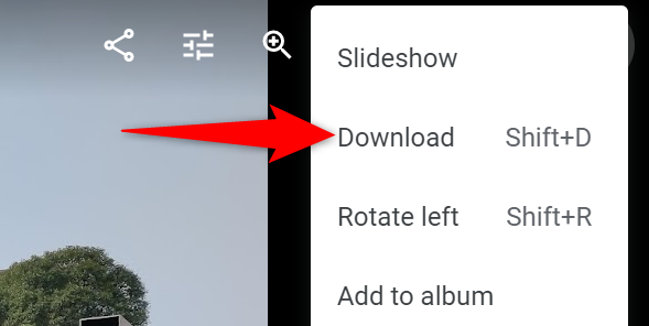 Пункт Download в меню Google Photos для одиночного файла