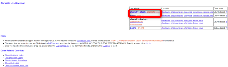 Выберите стабильную или альтернативную стабильную версию для загрузки Clonezilla