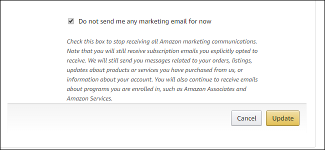 Опция 'Do not send me any marketing email for now' и кнопка 'Update'