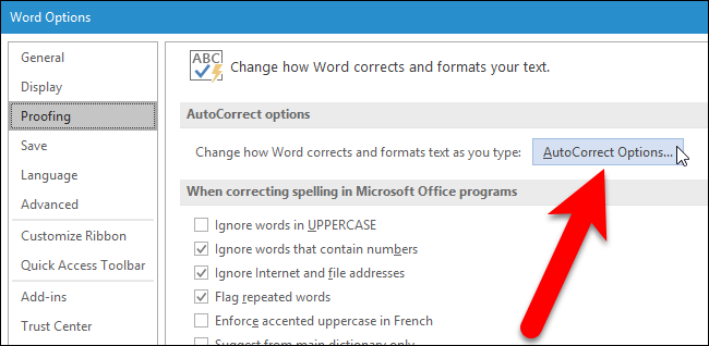 Открыть окно Параметры автозамены