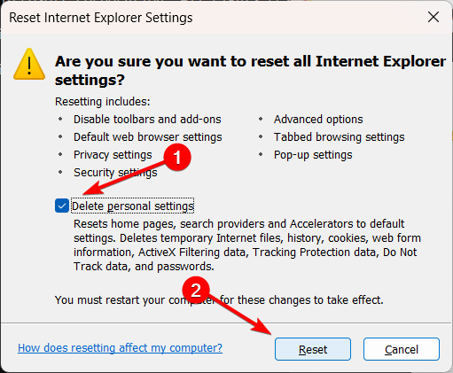 Reset IE settings