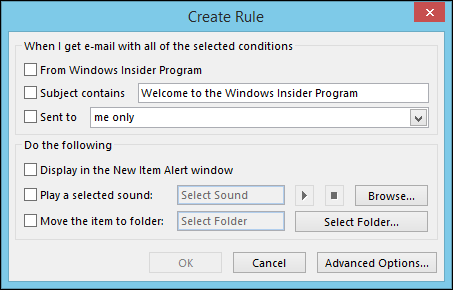 Снимок экрана: создание базового правила — условия и действия