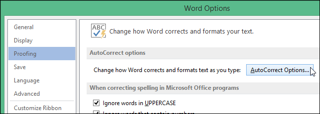 Кнопка Параметры автозамены в Word