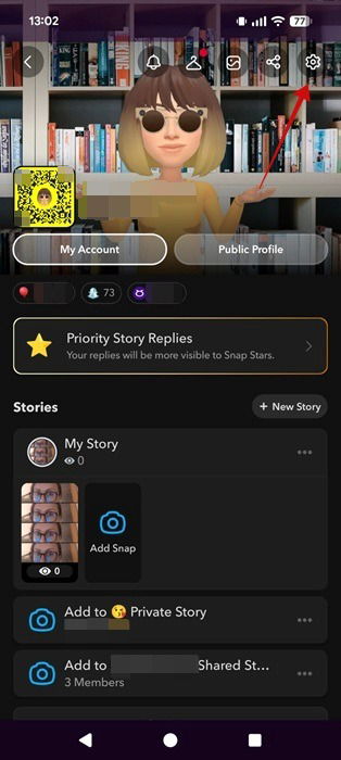 Tapping on gear icon on Snapchat profile page. 