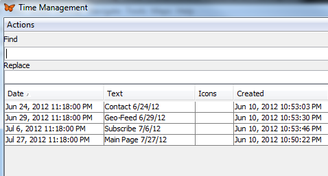 Отчёт со списком страниц и дат обновления в FreeMind Time Scheduler