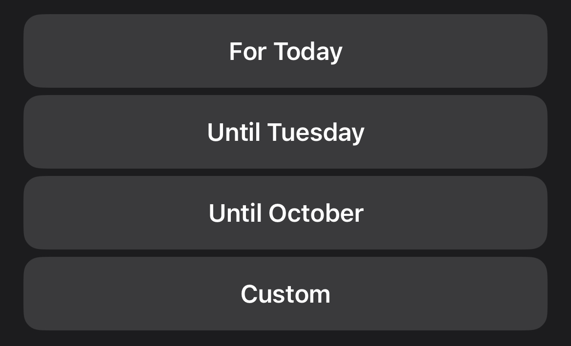 Экран выбора длительности приостановки колец в приложении «Фитнес» на iPhone.