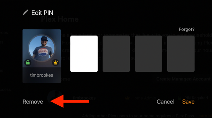 Кнопка Remove для удаления PIN