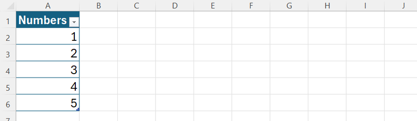 Таблица Excel с одним столбцом 'Numbers' и числами 1–5 в отдельных последовательных строках.