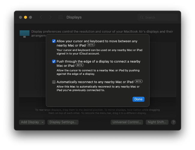 Настройка Universal Control: подтверждение Done