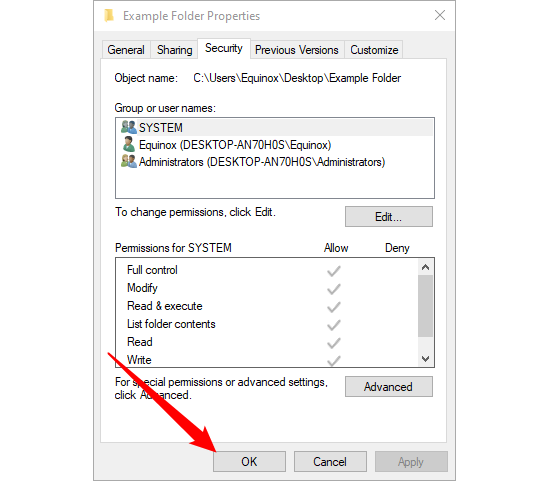 Кнопка «ОК» для закрытия окна Свойств файла. 