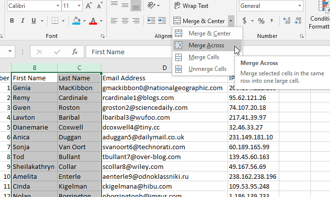 Excel Merge Across button