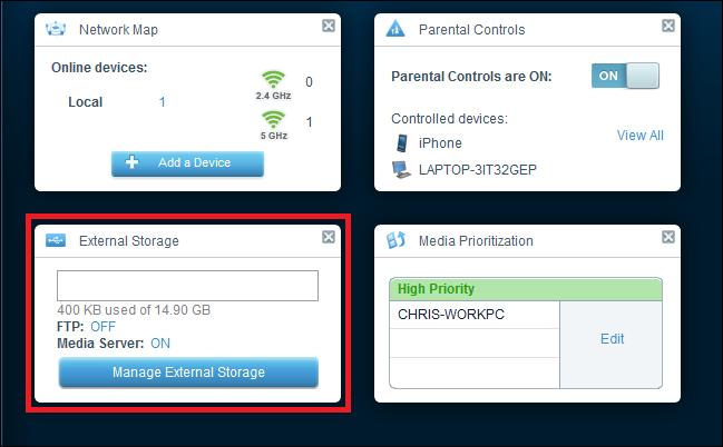 Виджет External Storage после успешной настройки с информацией об объёме и службах