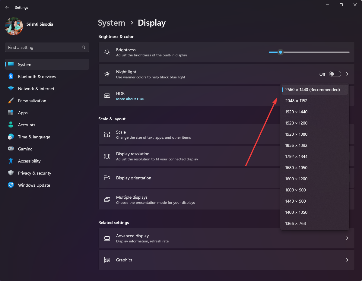 Список вариантов разрешений в настройках Windows