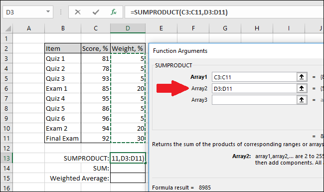 В поле Array2 выделите ячейки с весами