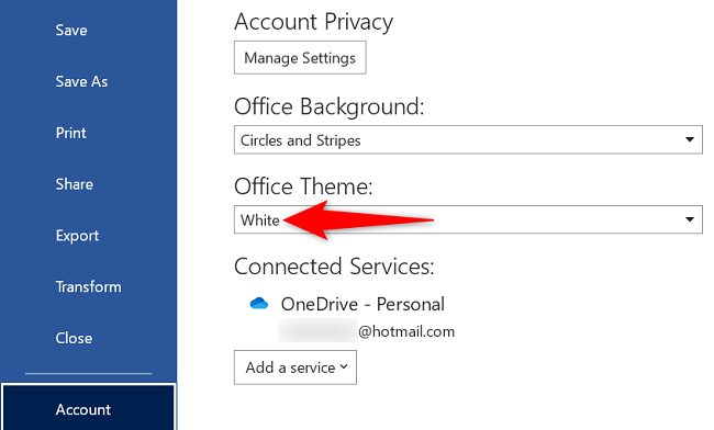 Меню учетной записи Word с выделенным выпадающим списком «Тема Office».