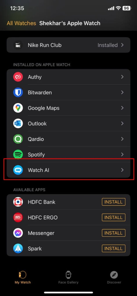 Приложение WatchGPT в приложении Watch на iPhone