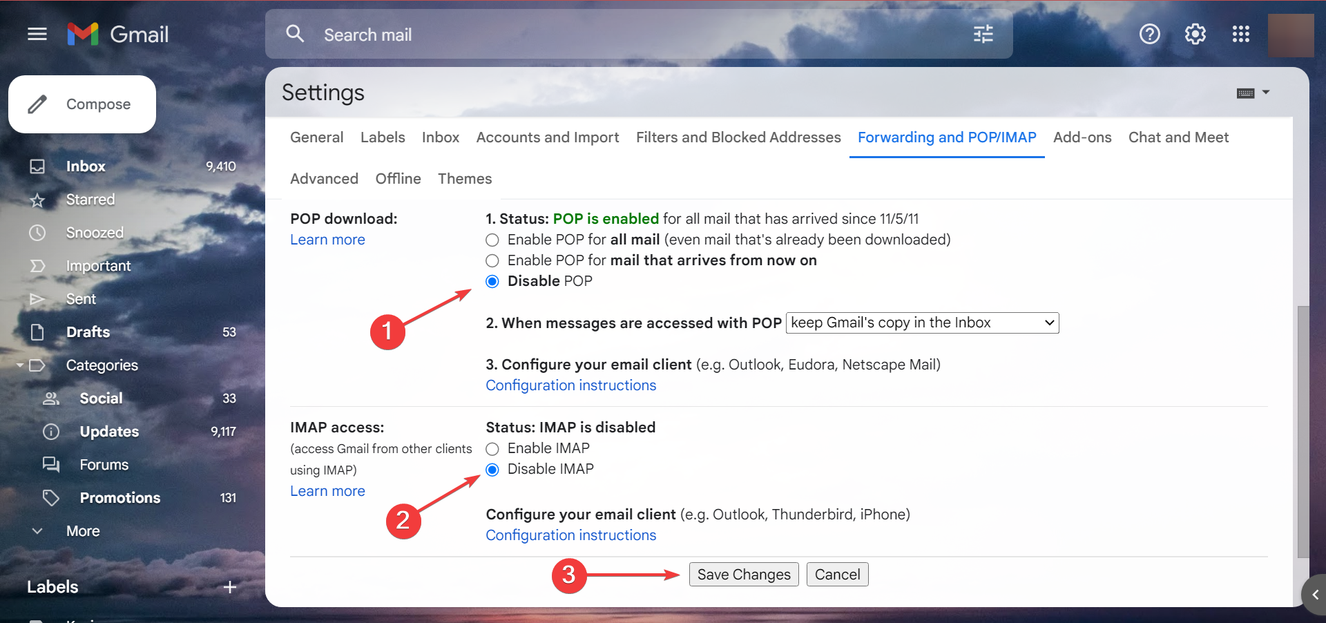 Отключение POP и IMAP в Gmail
