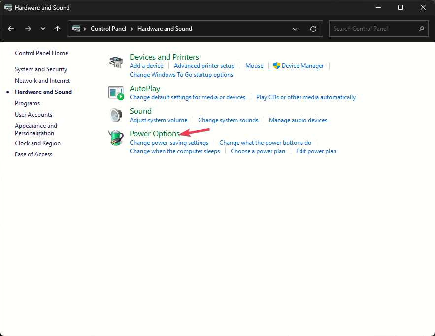 Окно Электропитание Панели управления