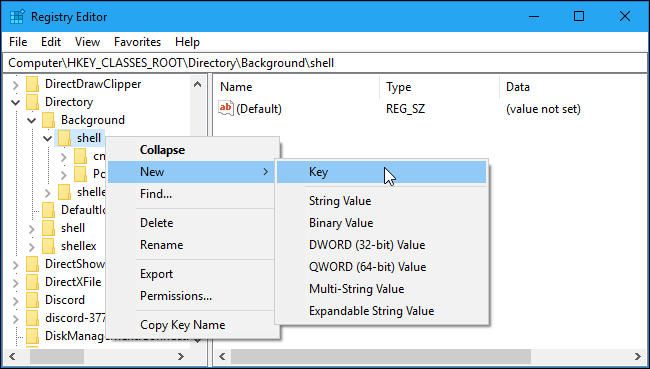 Создание нового ключа в реестре для пункта Bash