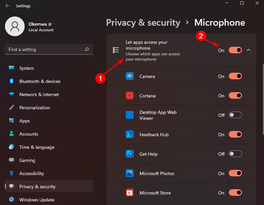 Выбор приложений с доступом к микрофону