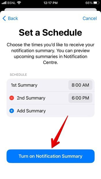 Установка времени получения сводки уведомлений